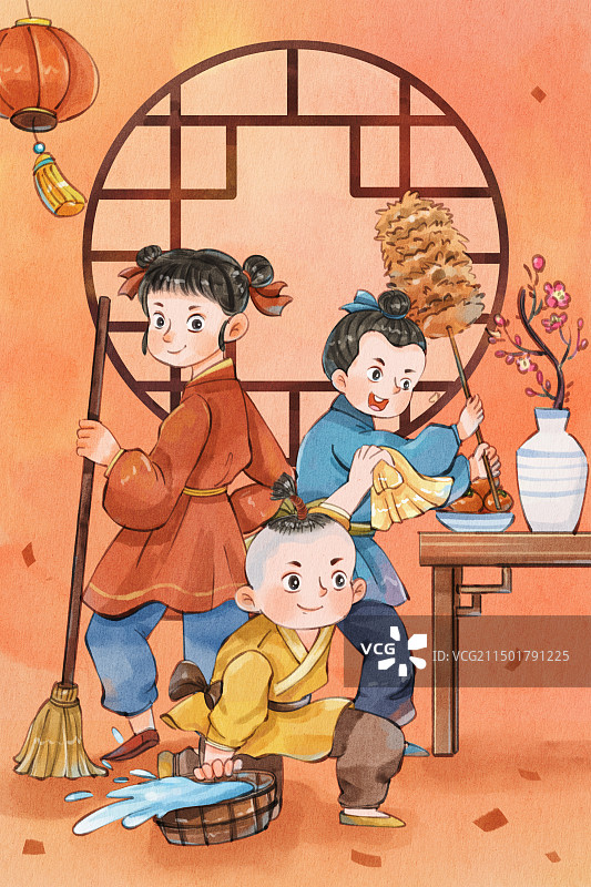 手绘水彩中国风之小年大扫除集合人物可爱插画图片素材