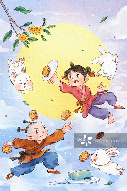 手绘水彩中国风之中秋节之女孩摔倒月饼飞出我来接可爱治愈插画图片素材