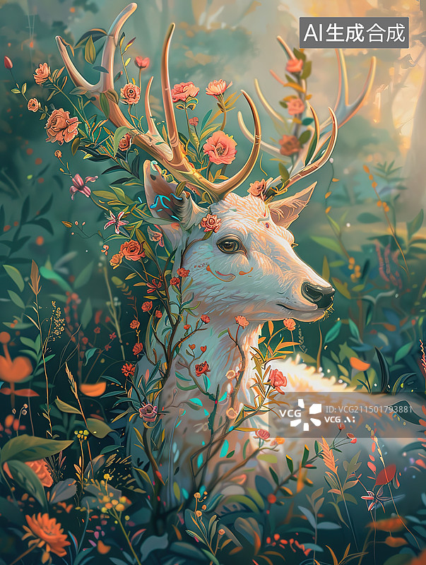 【AI数字艺术】植物上的鹿特写镜头图片素材