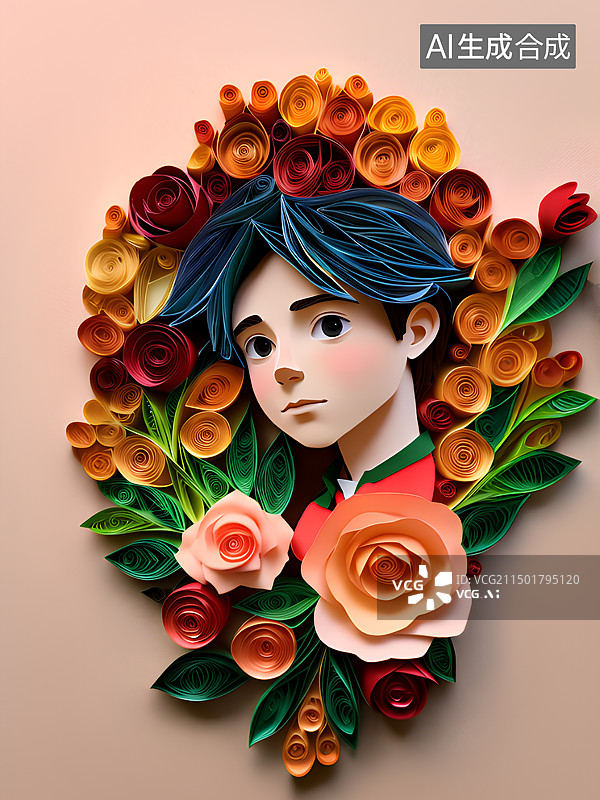 【AI数字艺术】花儿与少年，衍纸艺术，剪纸纸雕图片素材