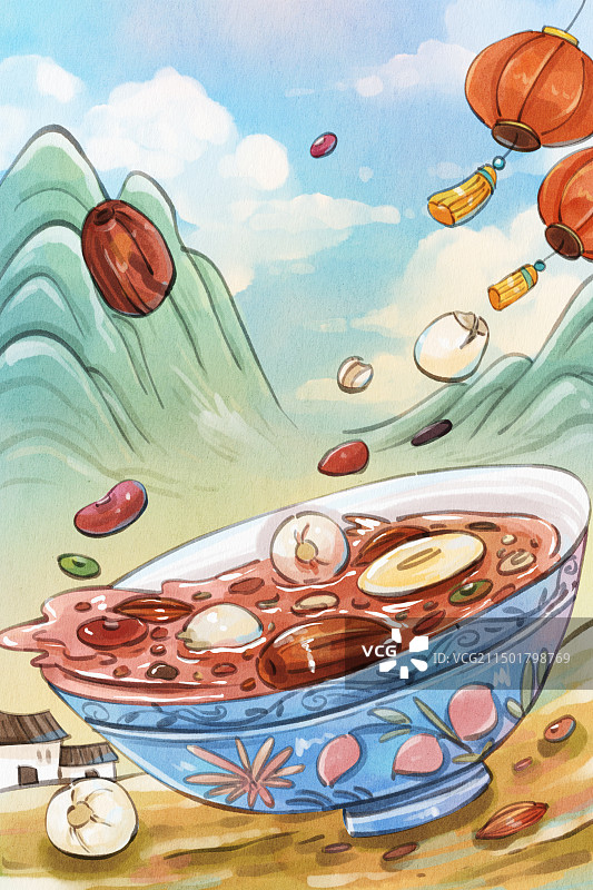 手绘水彩中国风之腊八节腊八粥灯笼山背景图片素材