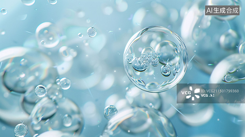 【AI数字艺术】水滴水分子和气泡在蓝白色背景中图片素材