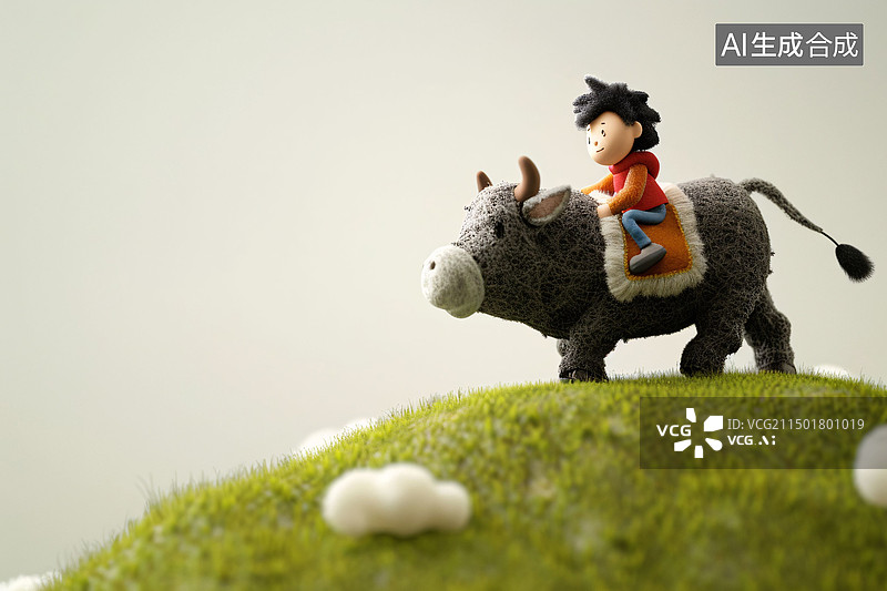【AI数字艺术】春天野外放牛牧童清明节农村户外场景插图图片素材