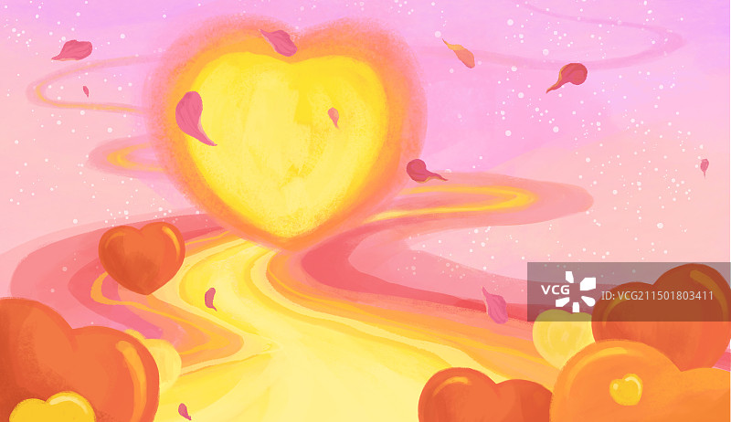 粉色唯美手绘爱心丝带插画横版图片素材