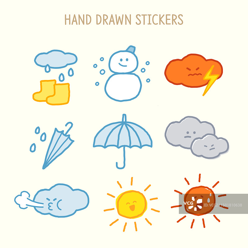 设计元素：贴纸、手绘、天气、雨、雪、雪人、伞、暴风云、风、太阳、热浪图片素材