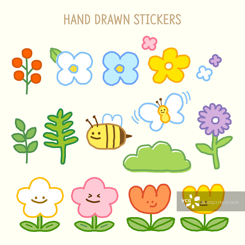 设计元素：贴纸、手绘、线条艺术、花卉、蜜蜂、蝴蝶、树叶图片素材
