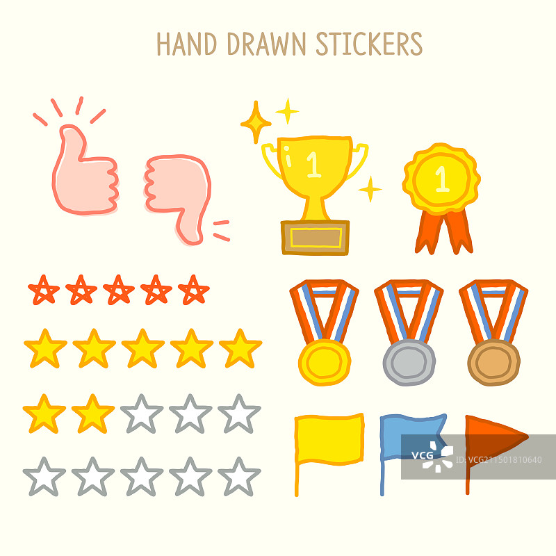 设计元素：贴纸、手绘、奖杯、奖牌、旗帜、等级评估图片素材