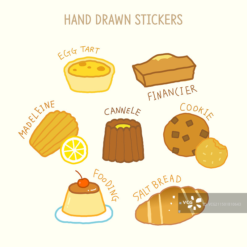 手绘甜点设计元素：蛋挞、玛德琳、慕斯等图片素材