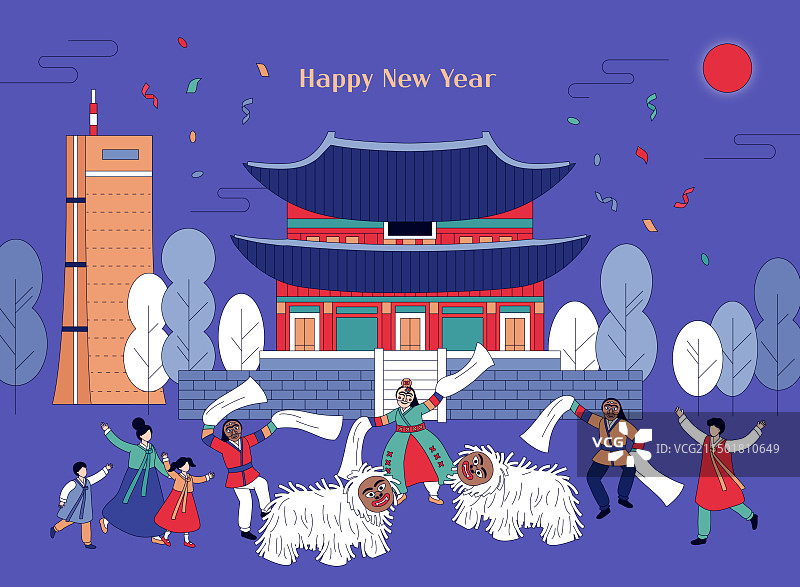 韩国传统图案：四物农乐、韩服与新年图片素材