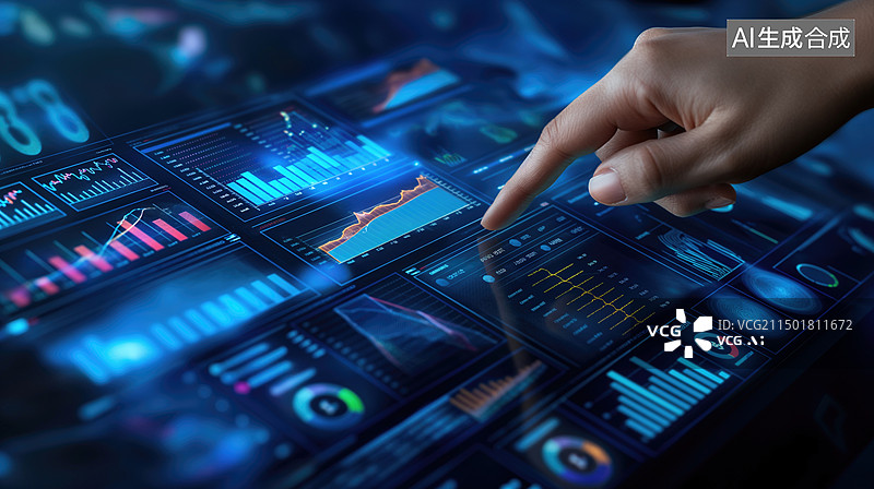 【AI数字艺术】一个女人的手指清点显示着数据和图表的屏幕图片素材