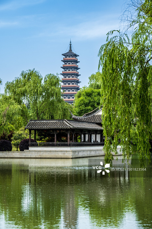 大明寺的栖灵塔与扬州瘦西湖的晴日春色图片素材