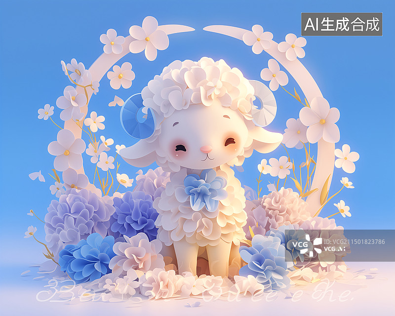【AI数字艺术】一只可爱的小绵羊站在花环花朵下3D插画图片素材