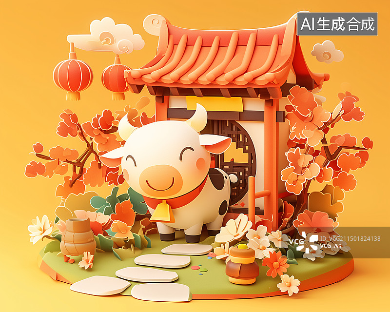 【AI数字艺术】一头可爱的小牛梅花树古建筑灯笼3D插画图片素材