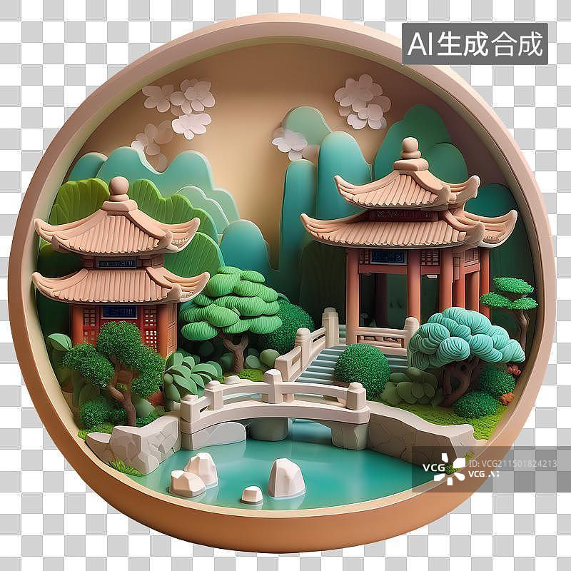 【AI数字艺术】3D渲染，国潮风园林古建筑围观粘土可爱卡通模型，凉亭阁楼，中式亭台楼阁免抠元素图片素材