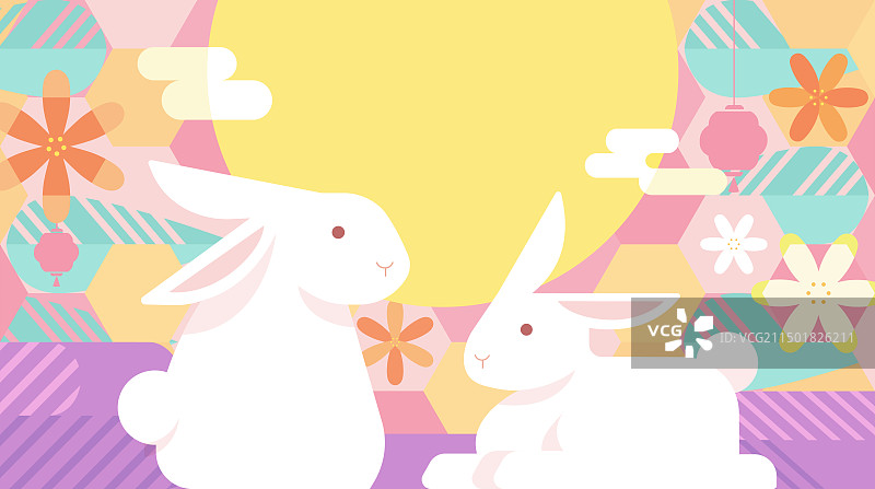 玉兔与别致花纹 缤纷中秋贺卡图片素材