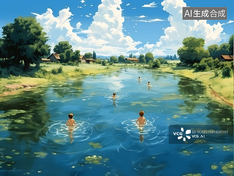 【AI数字艺术】印象派油画风格夏天孩子河里游泳洗澡图图片素材