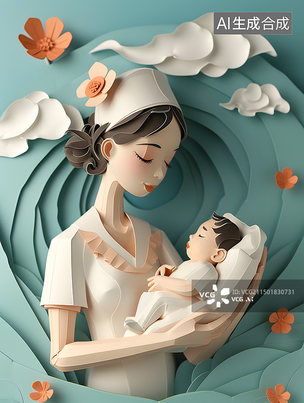 【AI数字艺术】剪纸风格插画一个母亲抱着新生婴儿图片素材