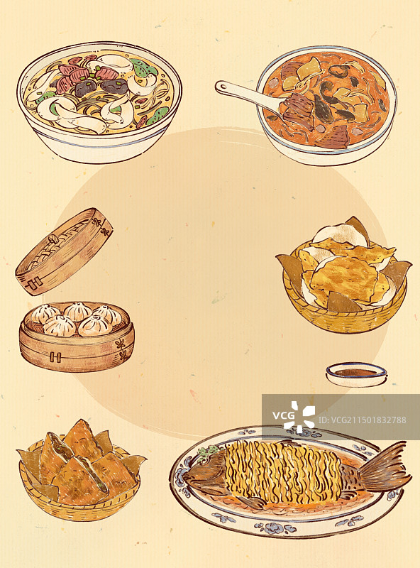 手绘卡通河南特色美食胡辣汤烩面灌汤包插画图片素材