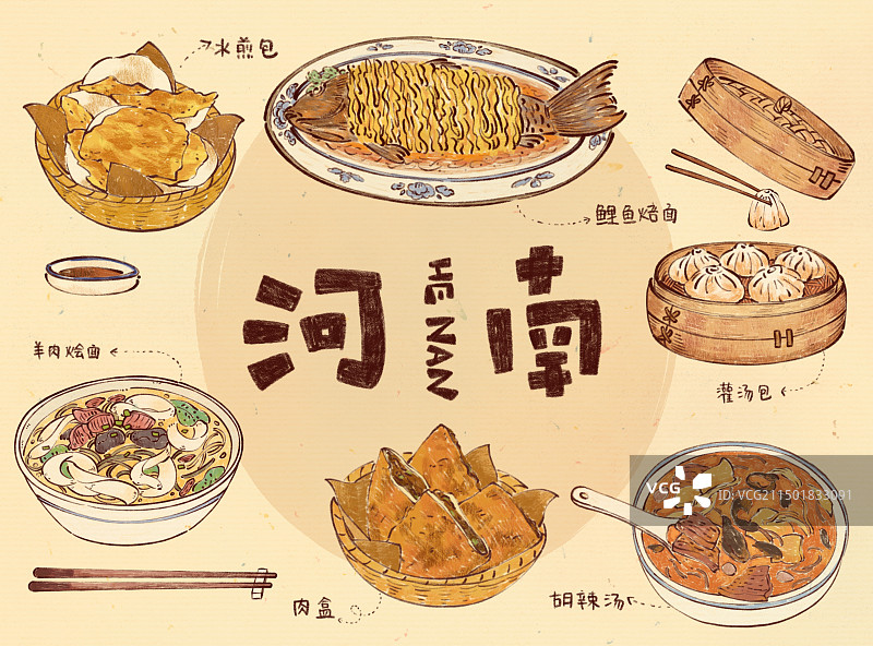 手绘河南特色豫菜美食胡辣汤水煎包烩面图片素材