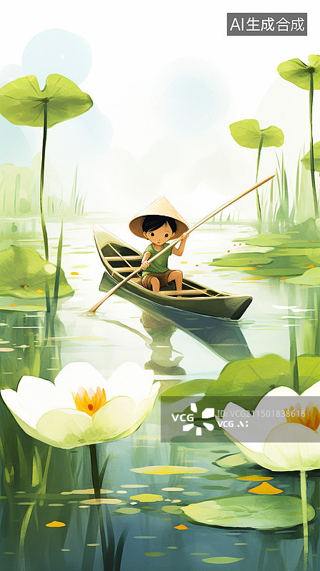 【AI数字艺术】在满是荷叶的湖面划船图片素材
