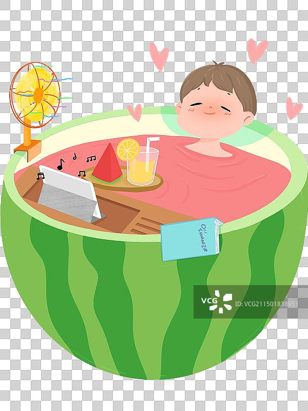 夏天小男孩在西瓜浴缸中泡澡图片素材