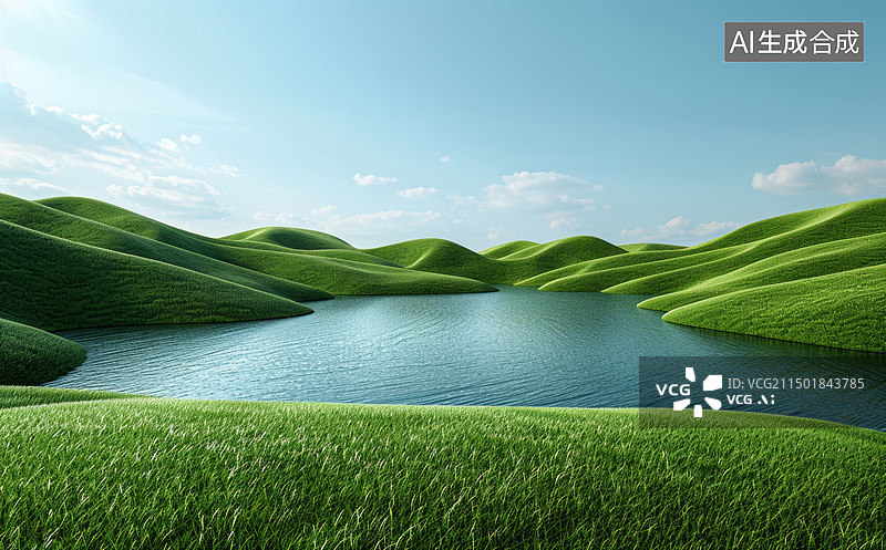 【AI数字艺术】3D风格的绿色草地、湖泊和天空图片素材