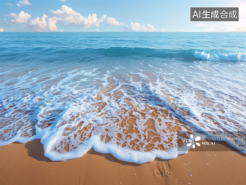 【AI数字艺术】海浪冲上沙滩产生朵朵浪花图片素材