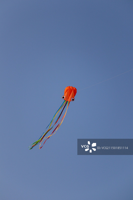 章鱼风筝在蓝天下飞翔的低视角图片素材