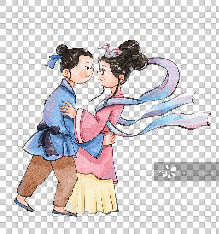 手绘水彩中国风之七夕牛郎织女相会于免抠元素图片素材