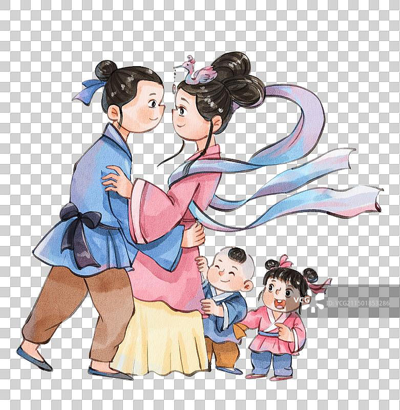 手绘水彩中国风之七夕牛郎织一家人团聚免抠元素图片素材