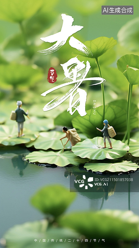 【AI数字艺术】微距荷叶场景大暑海报图片素材