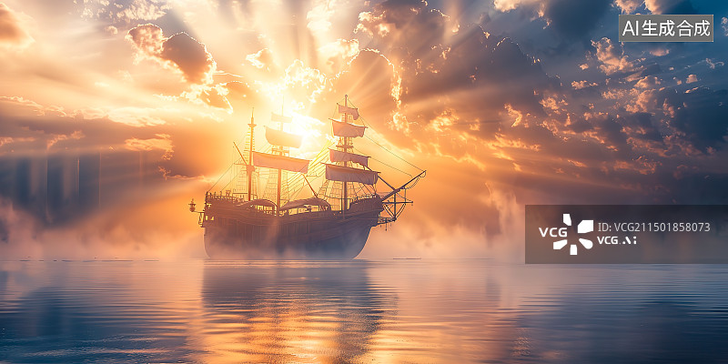【AI数字艺术】航海主题写实风格插画，古代木制结构的巨型大船，海面上乌云密布，阳光穿过云层，海面上有雾气图片素材