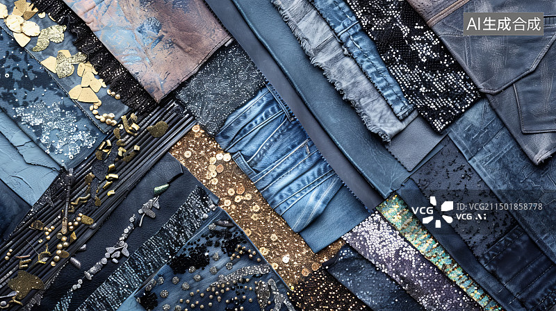 【AI数字艺术】带有牛仔布皮革和亮片等各种时尚纹理图片素材