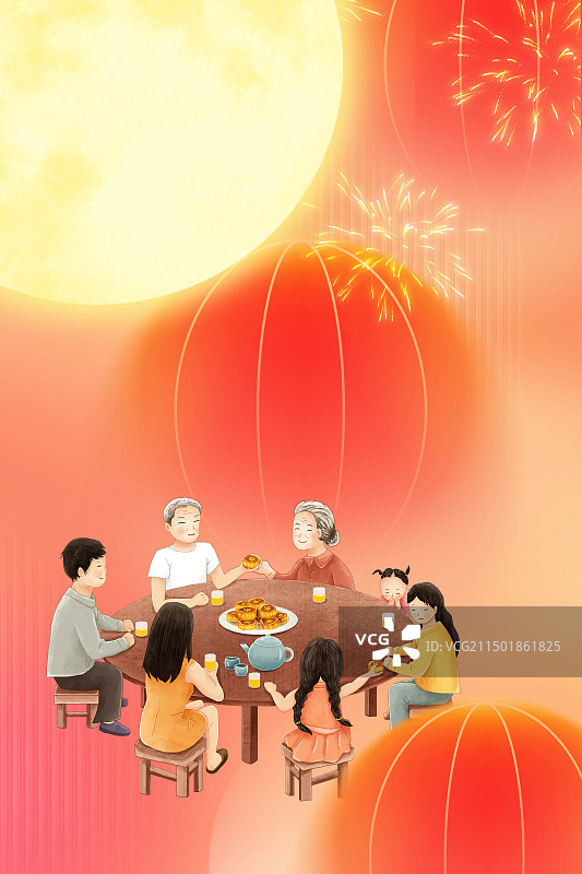 弥散风中国风节日系列-中秋节 一家人围坐团聚吃月饼 背景是红灯笼 花好月圆人团圆 竖版图片素材