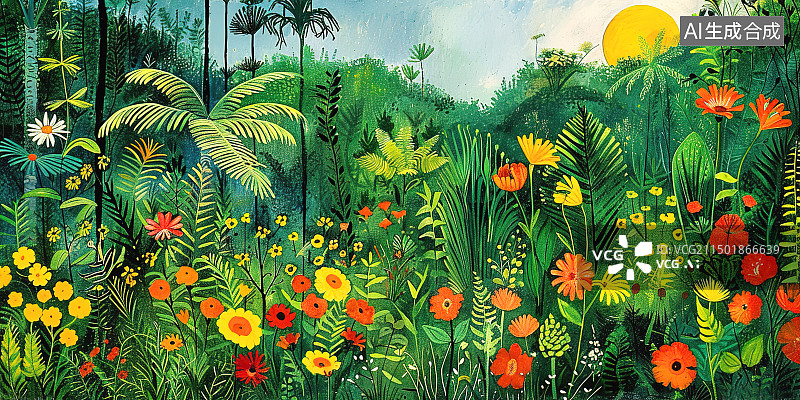 【AI数字艺术】卢梭画风丛林花卉油画装饰画图片素材
