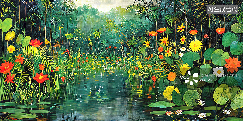 【AI数字艺术】卢梭画风丛林花卉油画装饰画图片素材