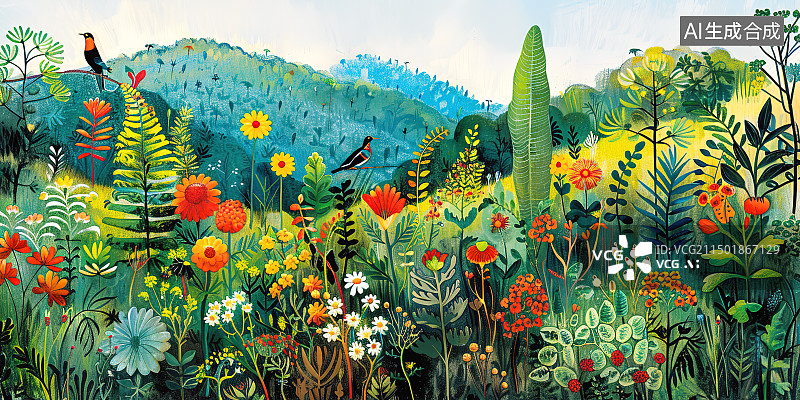 【AI数字艺术】卢梭画风丛林花卉油画装饰画图片素材
