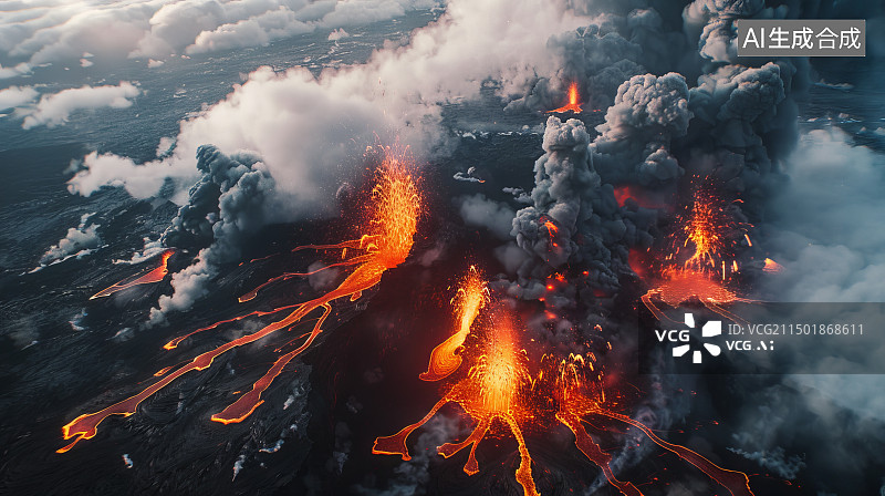 【AI数字艺术】火山喷发流动的熔岩和火山灰云图片素材