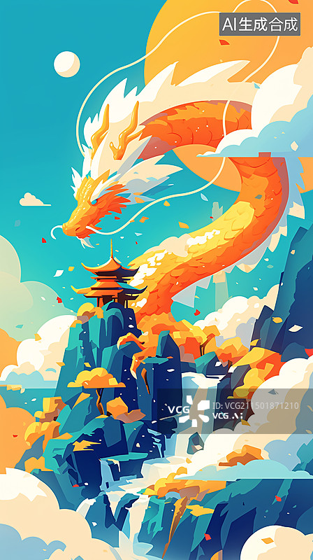 【AI数字艺术】中国神龙翱翔于山水之间神龙有灵概念插画图片素材