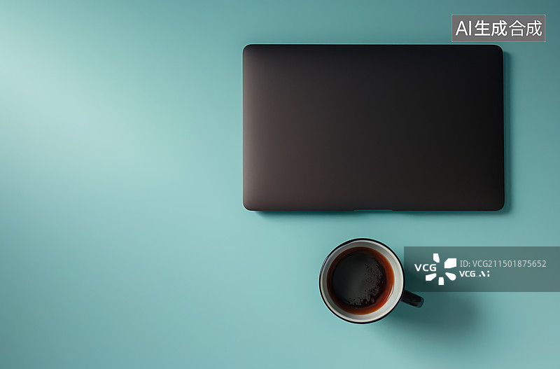 【AI数字艺术】正上方纯色背景的咖啡杯和笔记本电脑商业办公元素图片素材