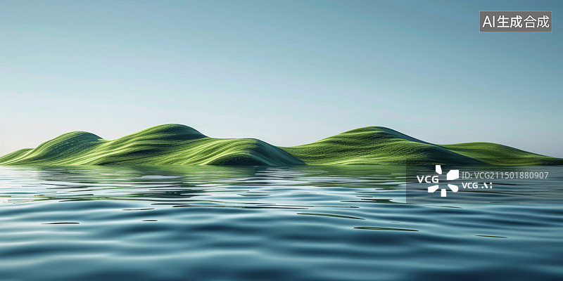 【AI数字艺术】三维图形卡通绿色山丘地形天空水面背景图片素材