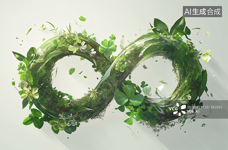 【AI数字艺术】由植物和水组成的绿色和白色无限符号，置于独立灰色背景上。强调环保广告和环境概念艺术图片素材