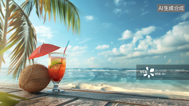 【AI数字艺术】夏日海边沙滩椰树下的鸡尾酒和热带水果图片素材