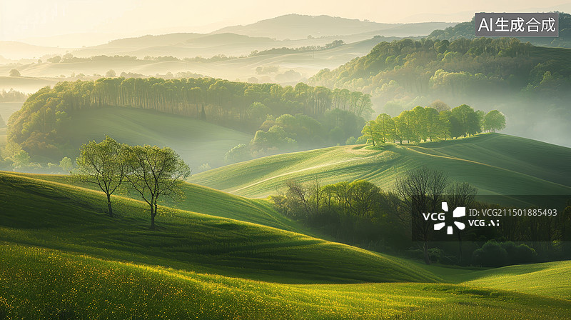 【AI数字艺术】晨雾弥漫的高角度丘陵景观图片素材