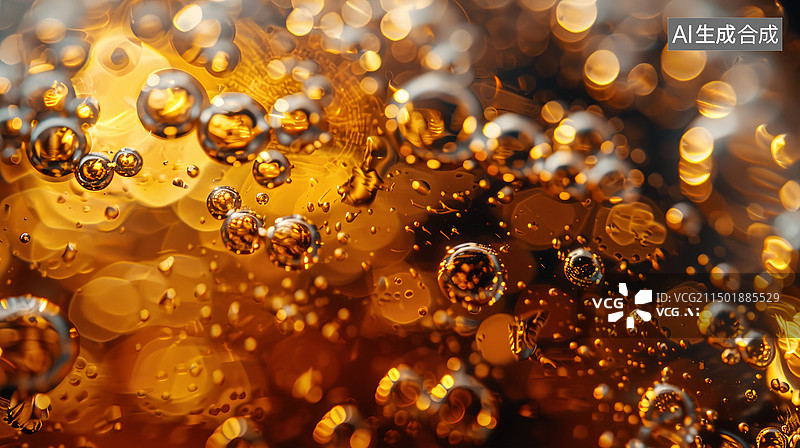 【AI数字艺术】金色啤酒气泡的特写图片素材