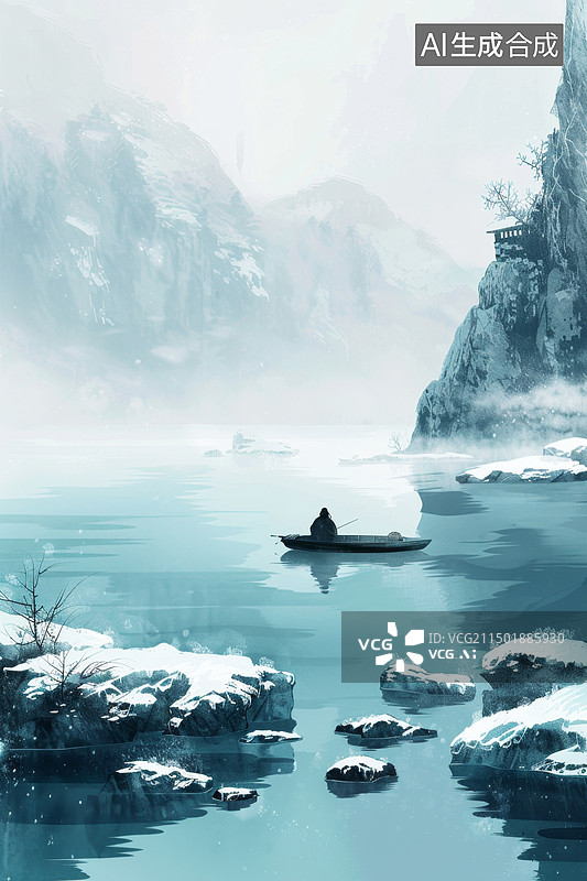 【AI数字艺术】孤舟蓑笠翁，独钓寒江雪图片素材