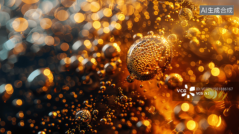 【AI数字艺术】金色啤酒气泡的特写图片素材