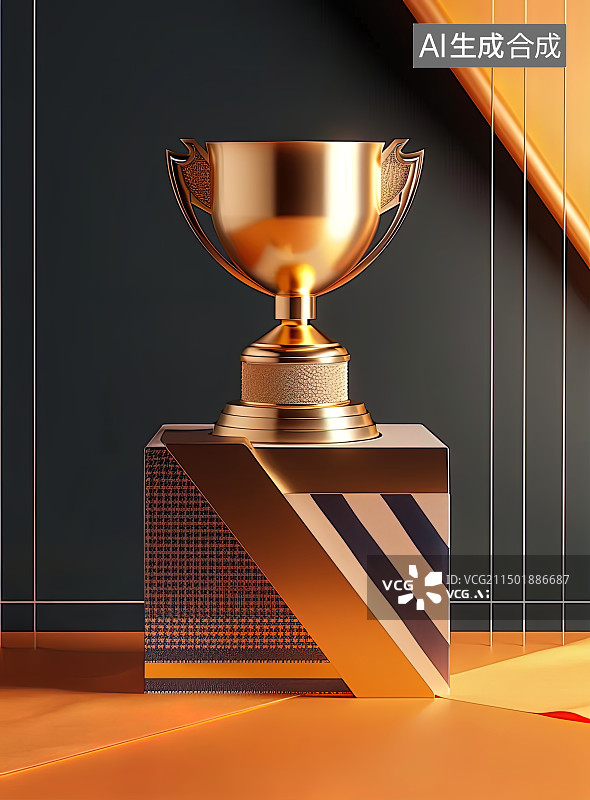 【AI数字艺术】几何图形和三角框架中的金色奖杯，营造出优雅和奢华的氛围，梦幻象征和节日气图片素材