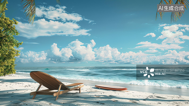 【AI数字艺术】夏日海边沙滩上的休闲躺椅和冲浪板图片素材