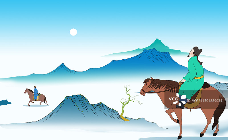 国潮中国风新中式古风古典传统文化中国画青绿山水画冬天冬季寒冷追赶骑马赛马骑行户外过冬场景风景插画图片素材